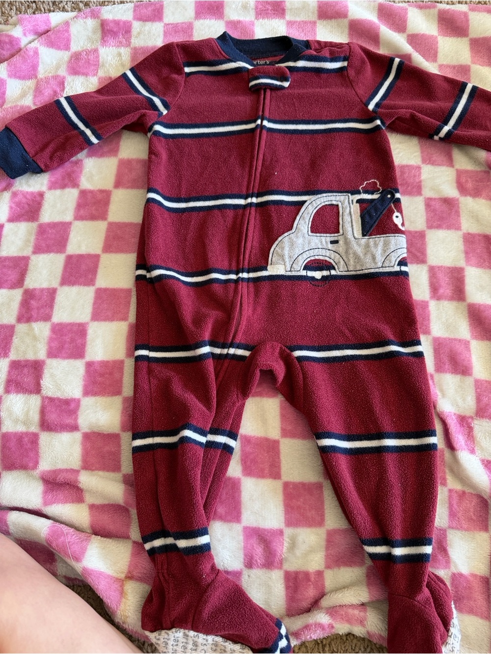 Kids One-Piece Cozy Fleece Footed Sleeper - Burgundy Stripe with Truck Appliqué